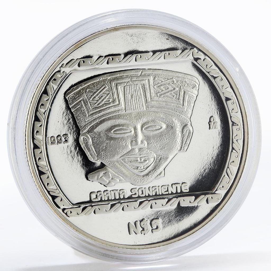 Mexico 5 pesos Precolombina series Sculpture Caaita Sonaiente silver coin 1993