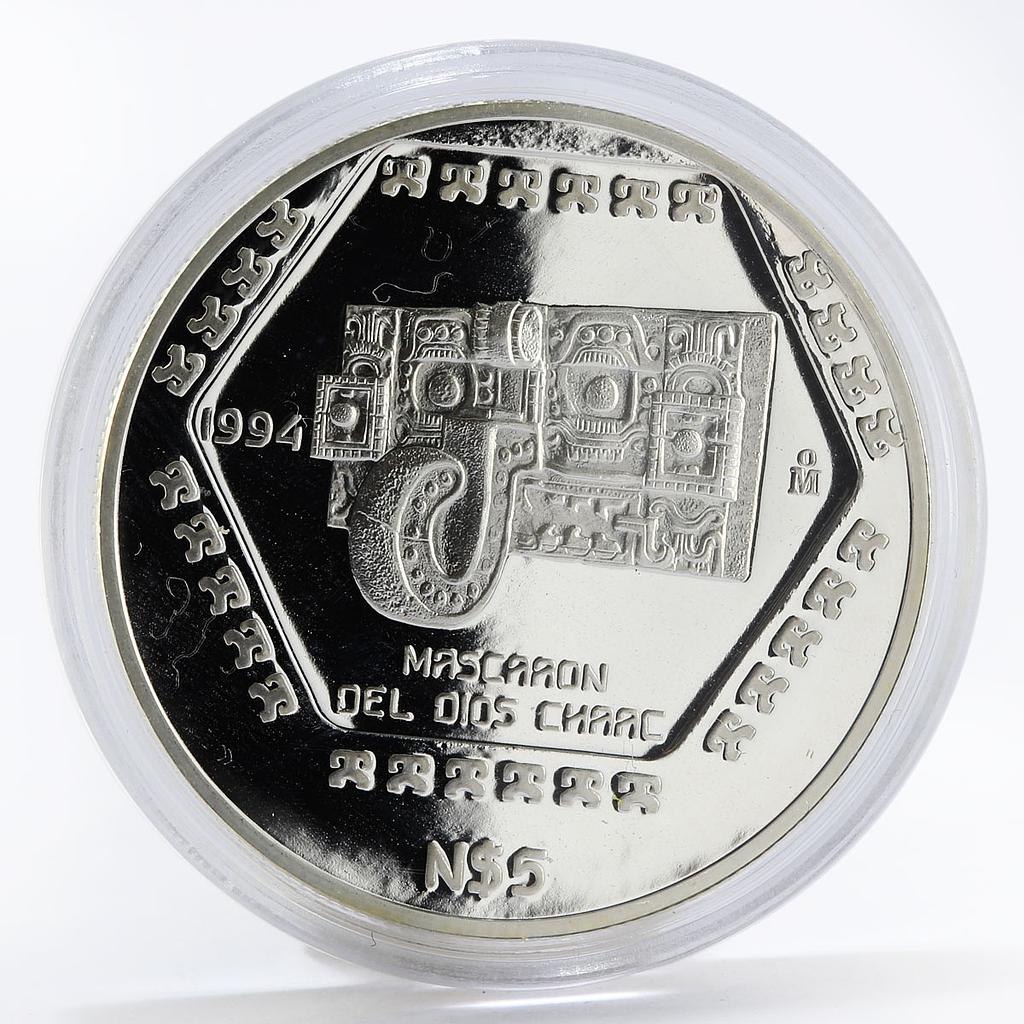 Mexico 5 pesos Mascaron Del Dios Chaac wall proof silver coin 1994