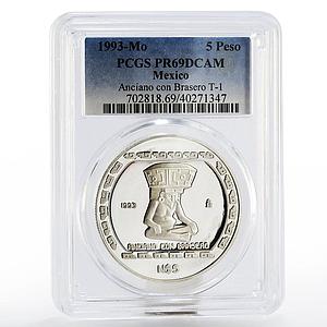 Mexico 5 Pesos Anciano Con Brasero PR-69 PCGS silver coin 1993
