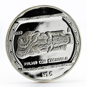 Mexico 5 pesos Stone carving representation of Crocodile proof silver coin 1993