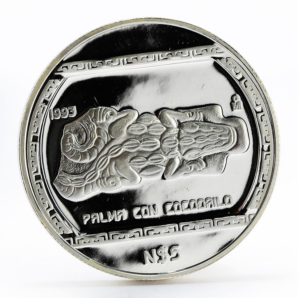 Mexico 5 pesos Stone carving representation of Crocodile proof silver coin 1993