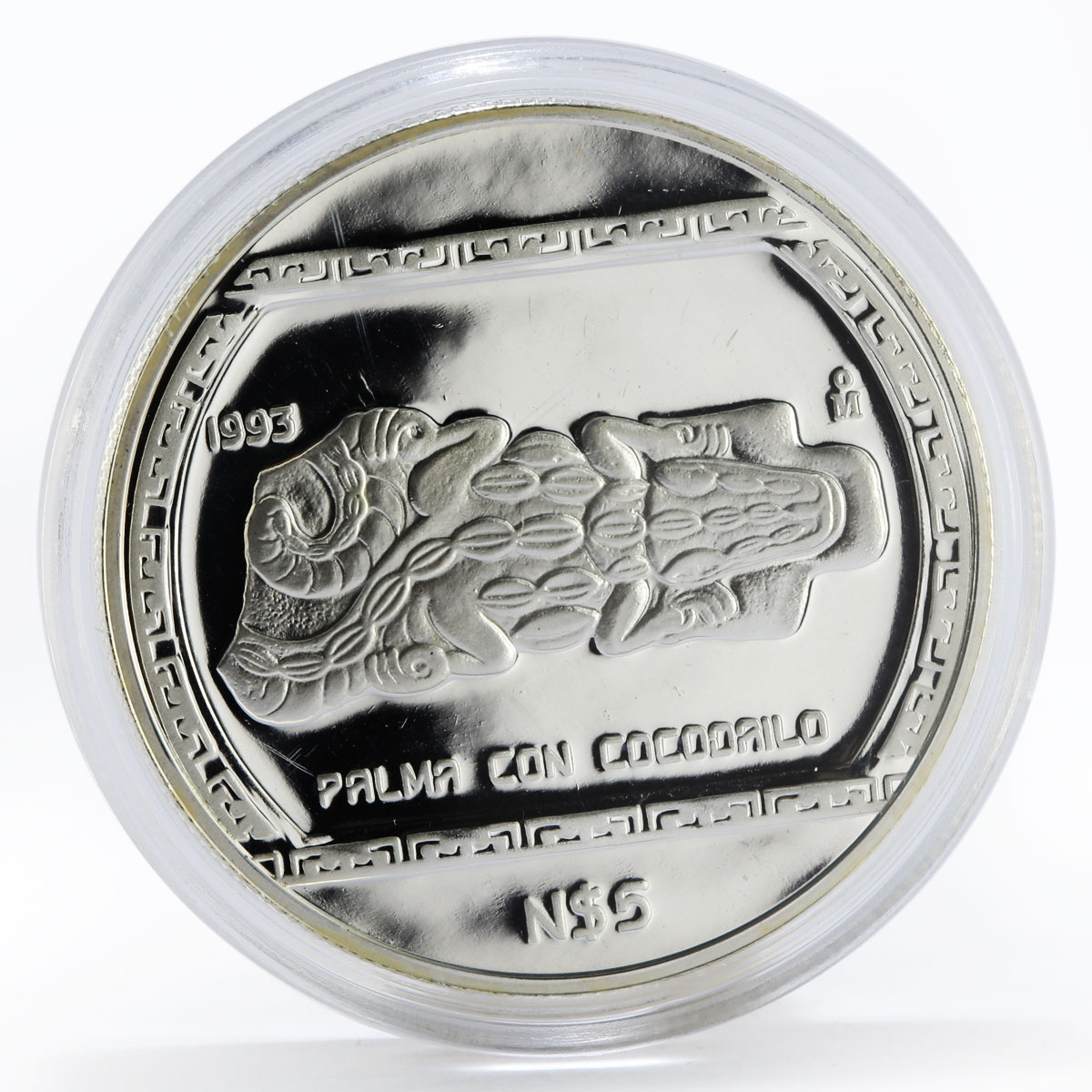 Mexico 5 pesos Stone carving representation of Crocodile proof silver coin 1993