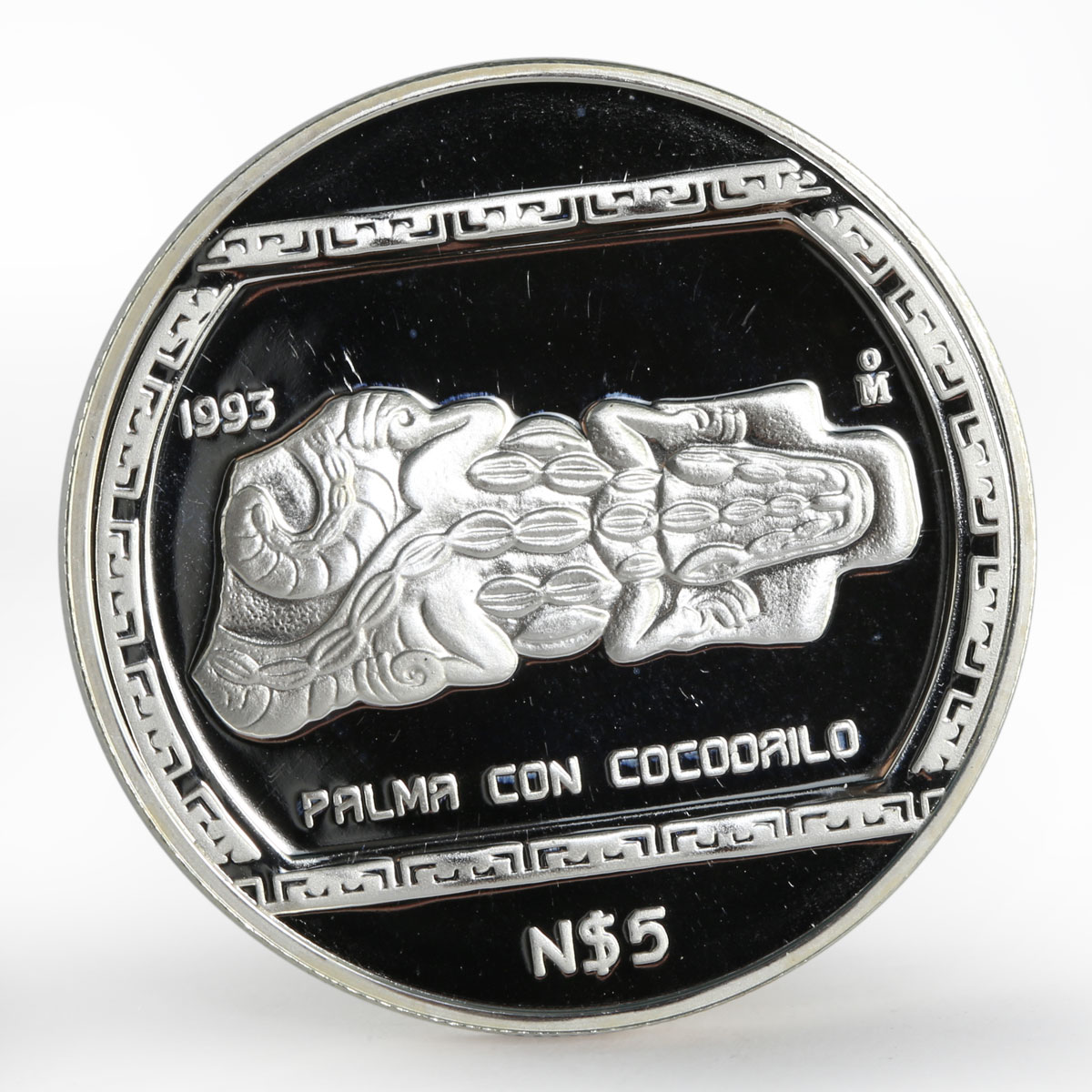 Mexico 5 pesos Stone carving representation of Crocodile proof silver coin 1993