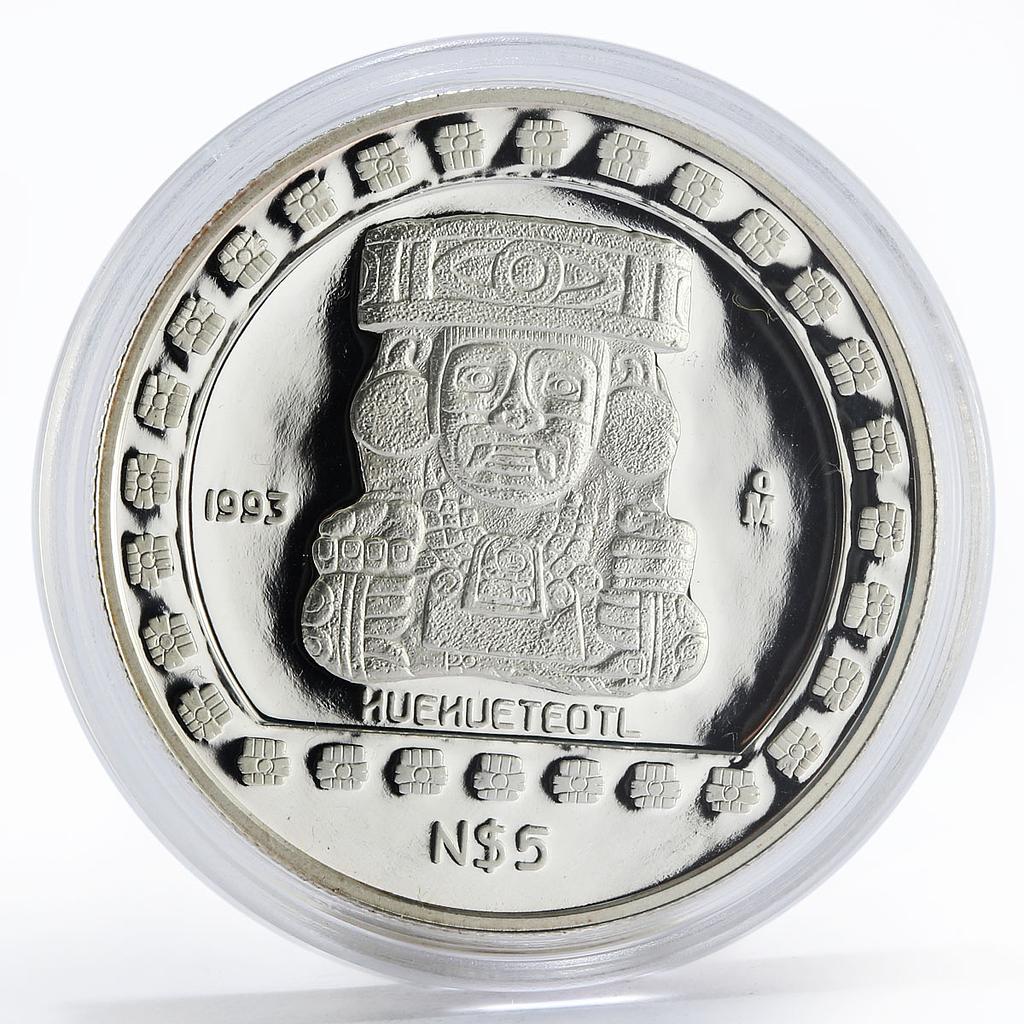 Mexico 5 pesos Precolombina series Sculpture Huehueteotl proof silver coin 1993