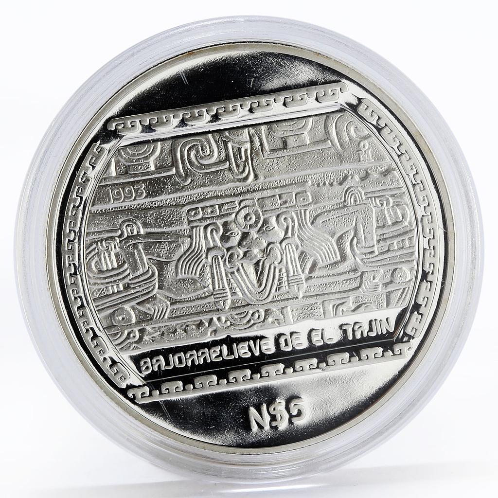 Mexico 5 pesos Bajo relieve de el Tajin proof silver coin 1993