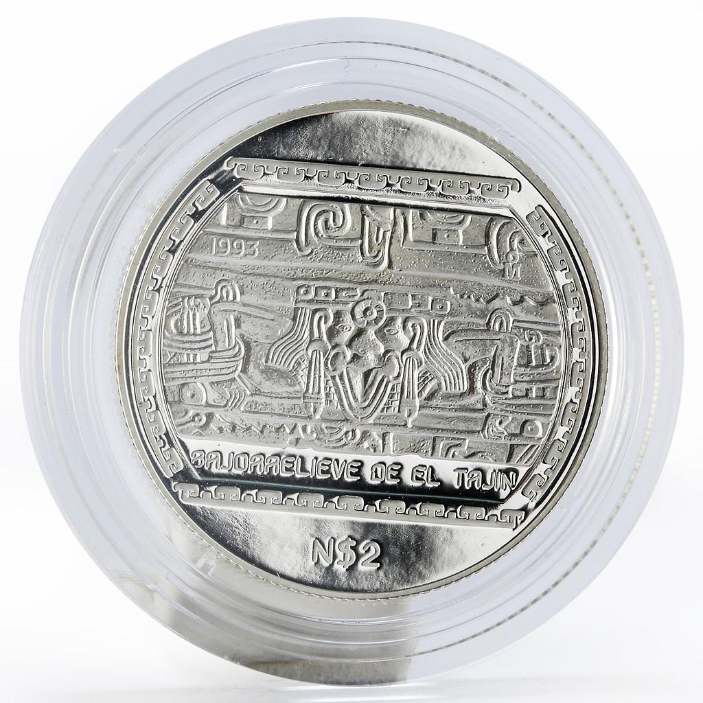 Mexico 2 pesos Bajo relieve de el Tajin proof silver coin 1993