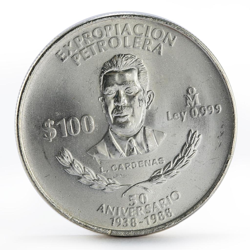 Mexico 100 pesos 50th Anniversary of Oil Industry proof silver coin 1988