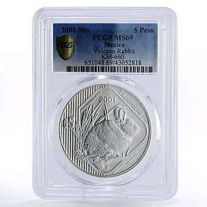 Mexico 5 pesos Endangered Wildlife Volcano Rabbit MS69 PCGSsilver coin 2001