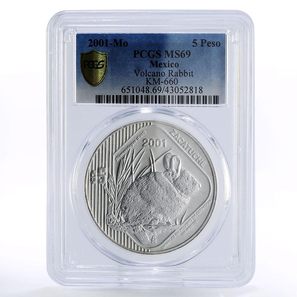 Mexico 5 pesos Endangered Wildlife Volcano Rabbit MS69 PCGSsilver coin 2001