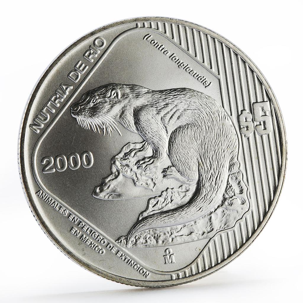 Mexico 5 pesos Endangered Wildlife Animal Nutria de Rio silver coin 2000
