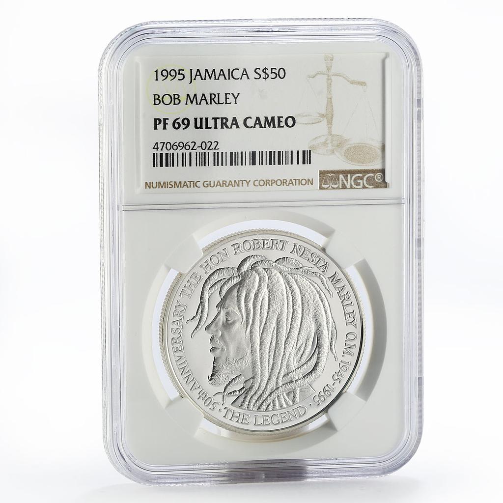 Jamaica 50 dollars 50th birth of Bob Marley NGC PF69 proof silver coin 1995