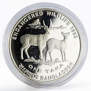 Bangladesh 1 taka Endangered Wildlife series Two Deers proof silver coin 1993