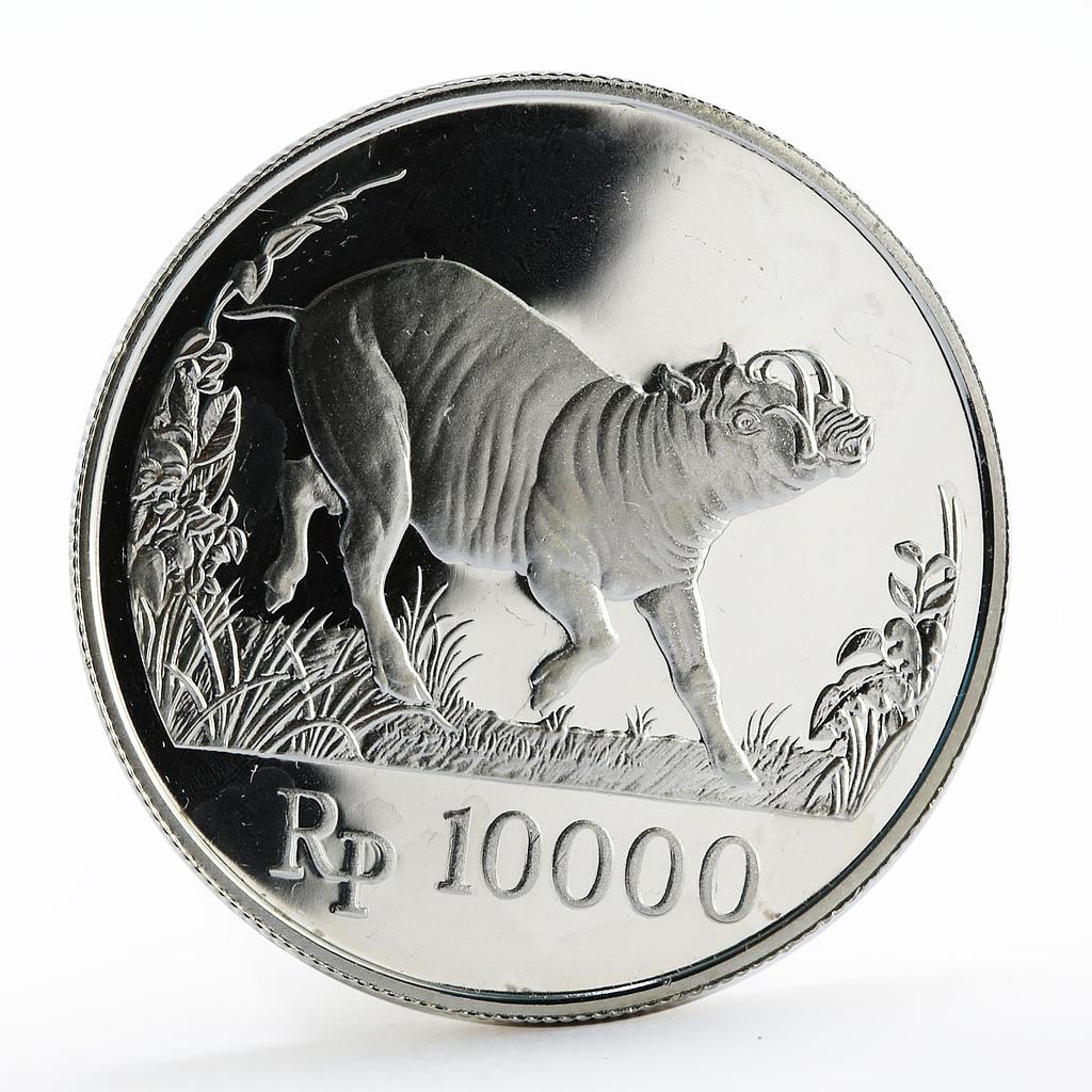 Indonesia 10000 Rupiah Wildlife Wild Pig animal proof silver coin 1987
