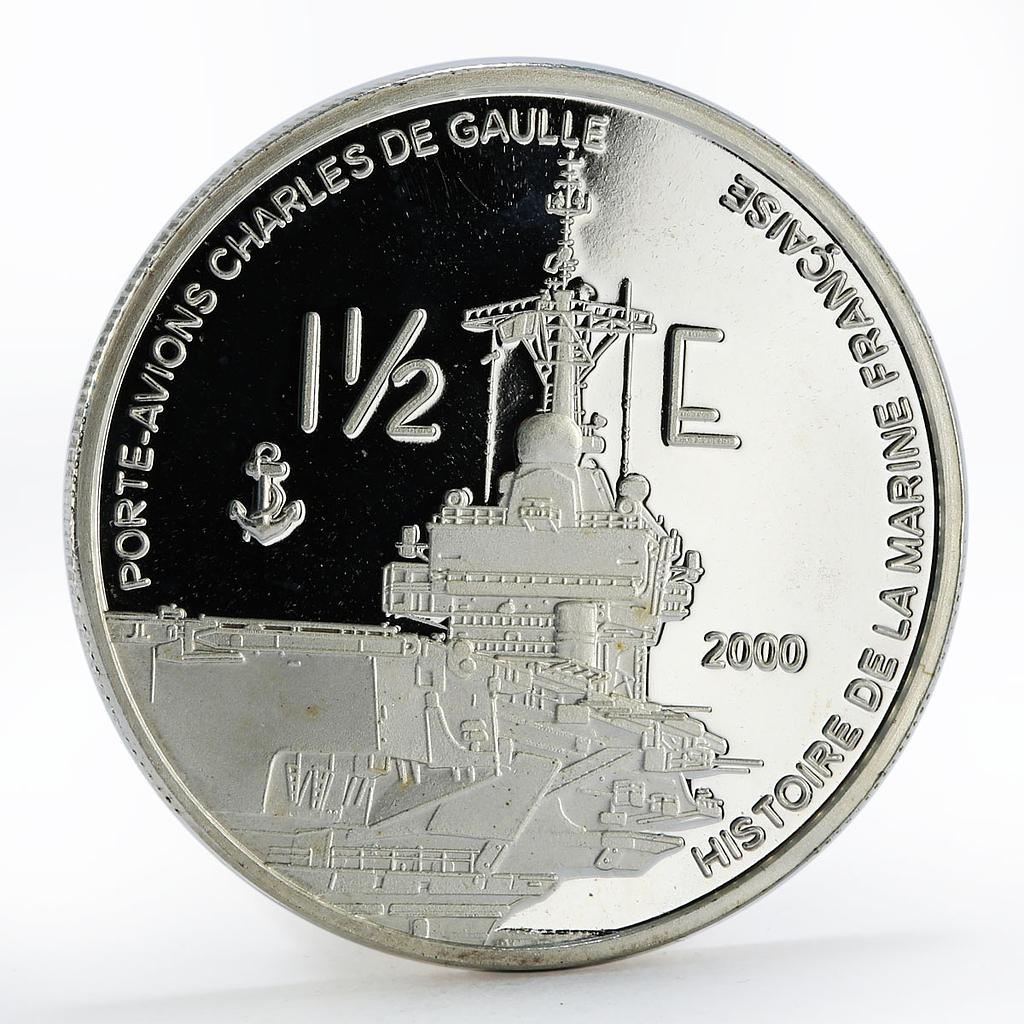 France 1 1/2 euro Porte-Avions Charles De Gaulle Ship proof silver coin 2004