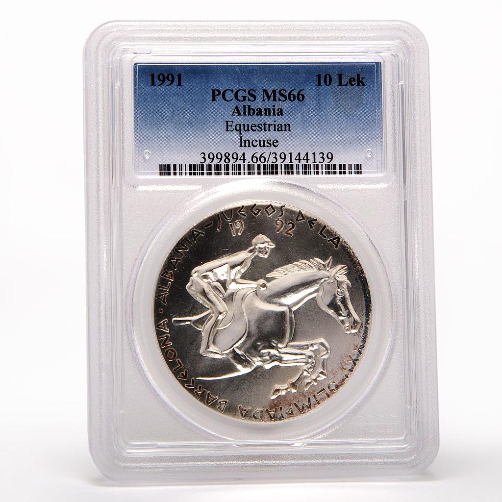 Albania 10 leke Equerestian Horse and rider Incuse PCGS MS66 silver coin 1991
