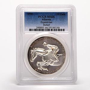 Albania 10 leke Equerestian Horse and Rider Relief PCGS MS66 silver coin 1991