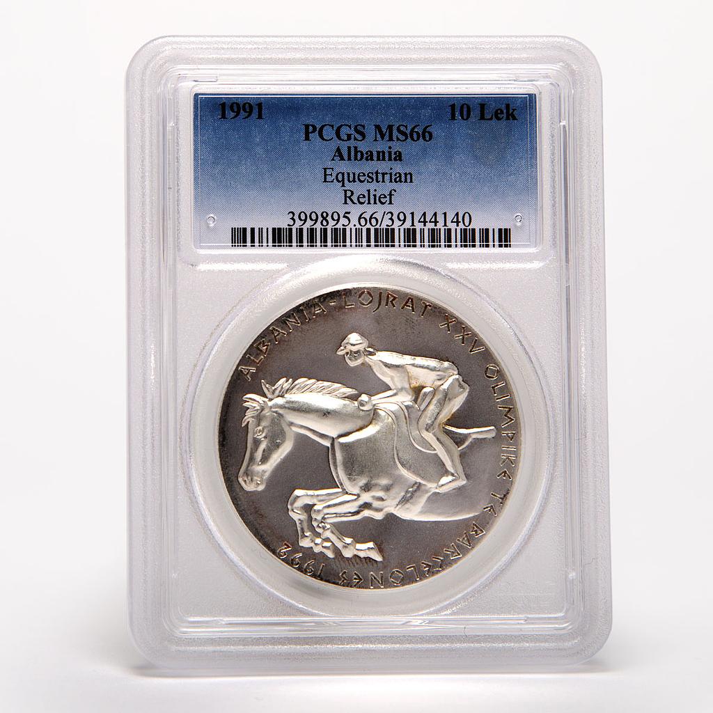 Albania 10 leke Equerestian Horse Rider Ritter Relief PCGS MS66 silver coin 1991
