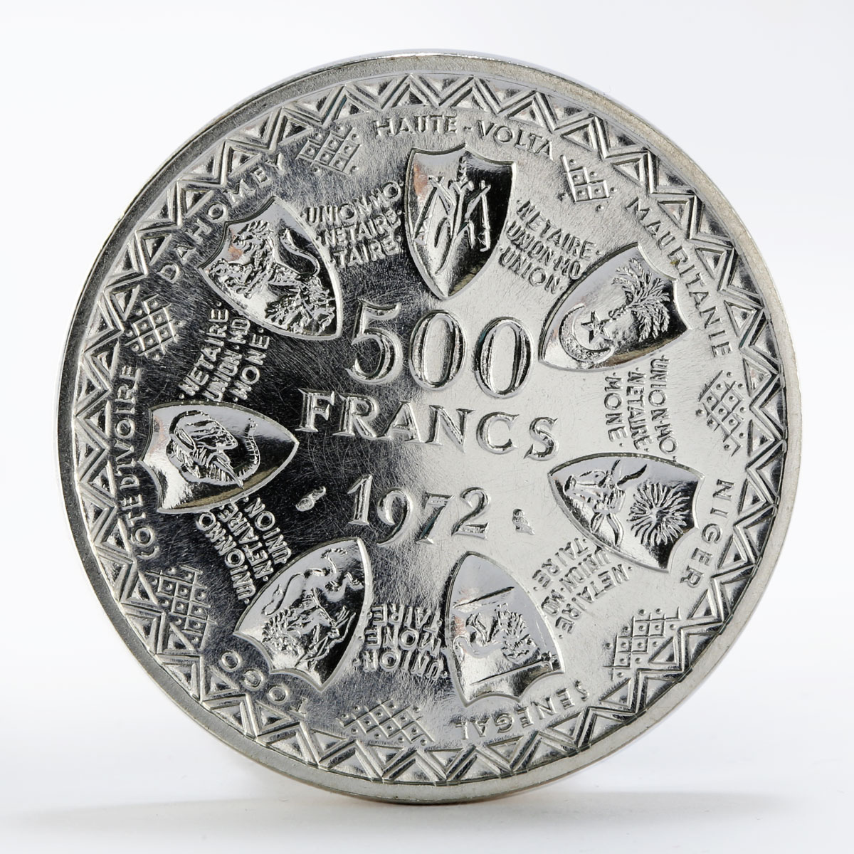 African States 500 francs 10th Anniversary of Monetary Union essai silver 1972