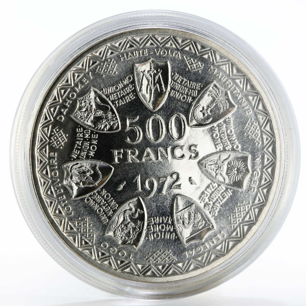 African States 500 francs 10th Anniversary of Monetary Union essai silver 1972