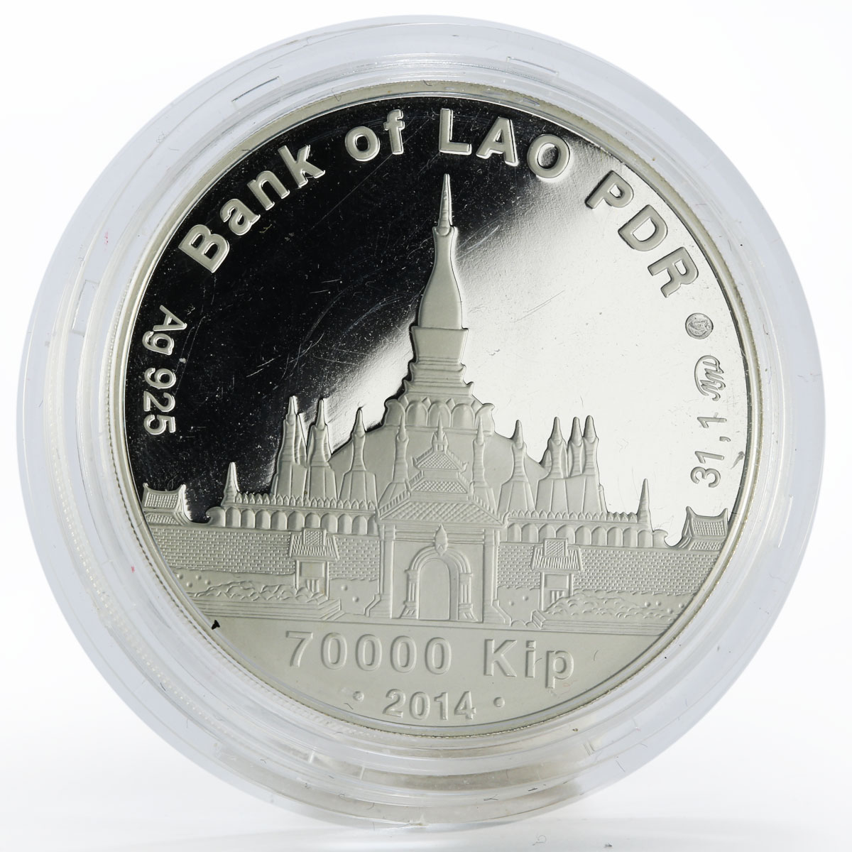 Laos 70000 kip Year of the Goat gemstone silver gilded proof coin 2014
