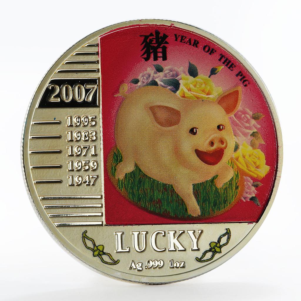 Niue 1 dollar Year of the Pig Lucky colored silver proof coin 2007