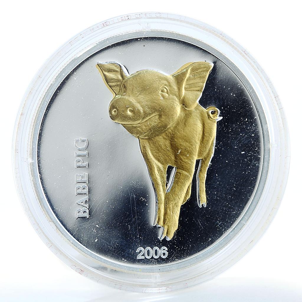 Congo 10 francs Happy Babe Pig Animal gilded silver coin 2006