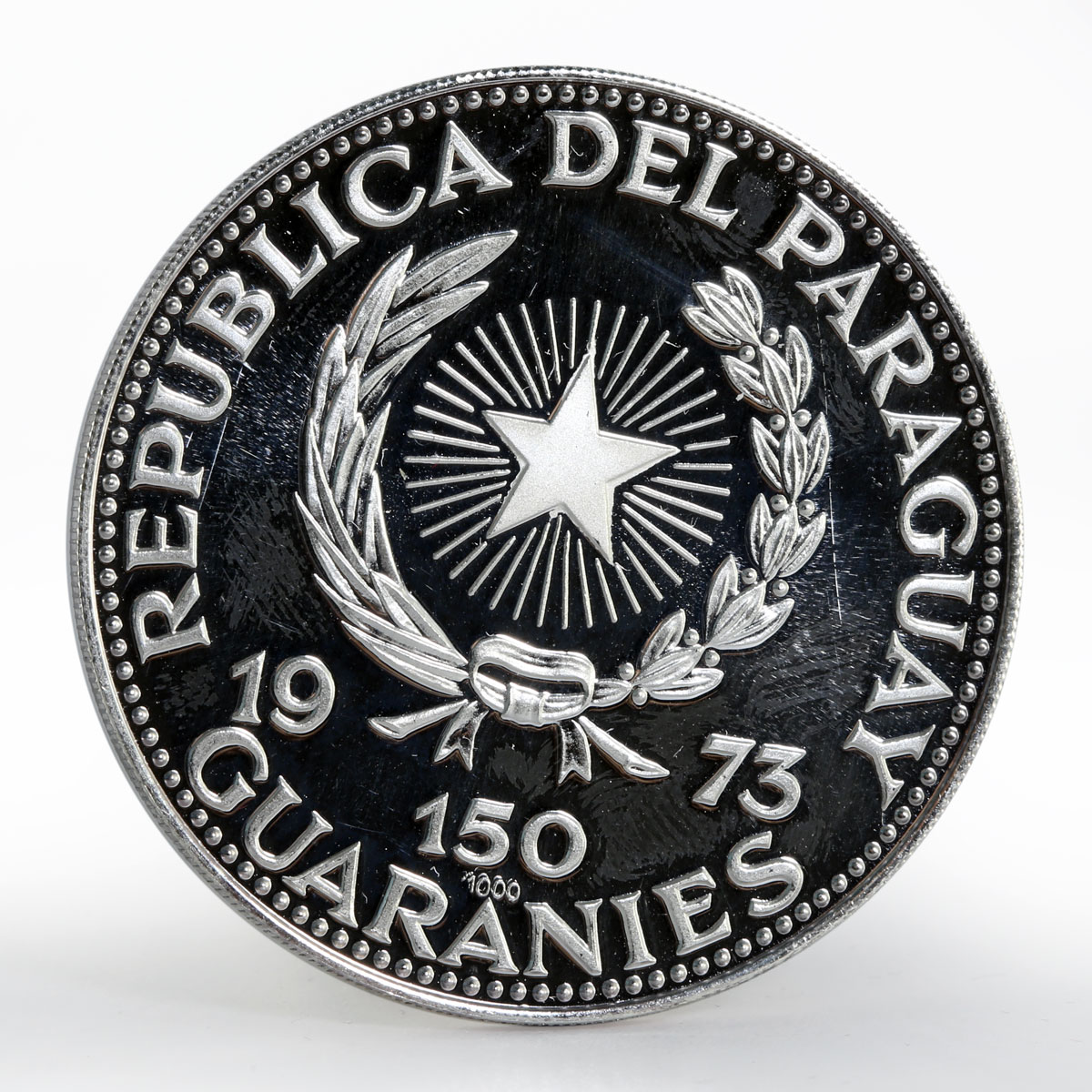 Paraguay 150 guaranies Mujer Sentada Cultura Teotihuacana silver proof coin 1973