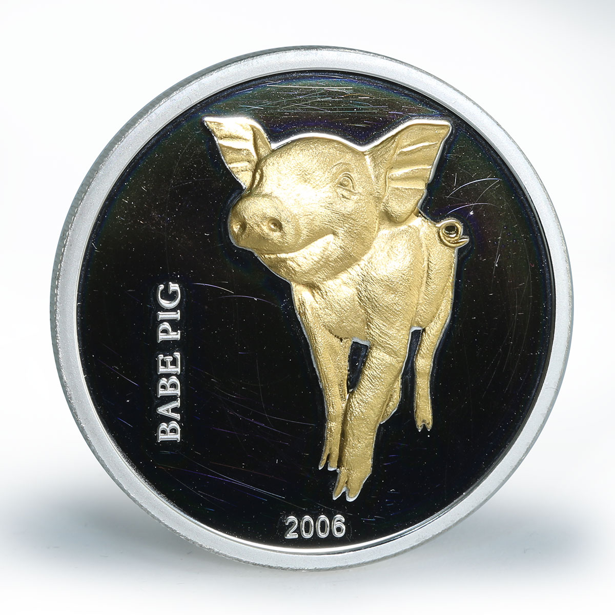 Congo 10 francs Happy babe pig animal silver gilded coin 2006