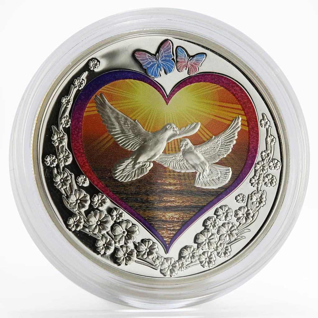 Niue 1 dollar Sea of Love Pigeons Heart colored zircon silver coin 2010