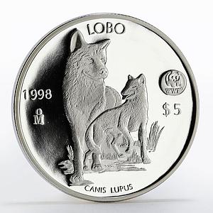 Mexico 5 pesos World Wildlife Fund Wolf Lobo proof silver coin 1998