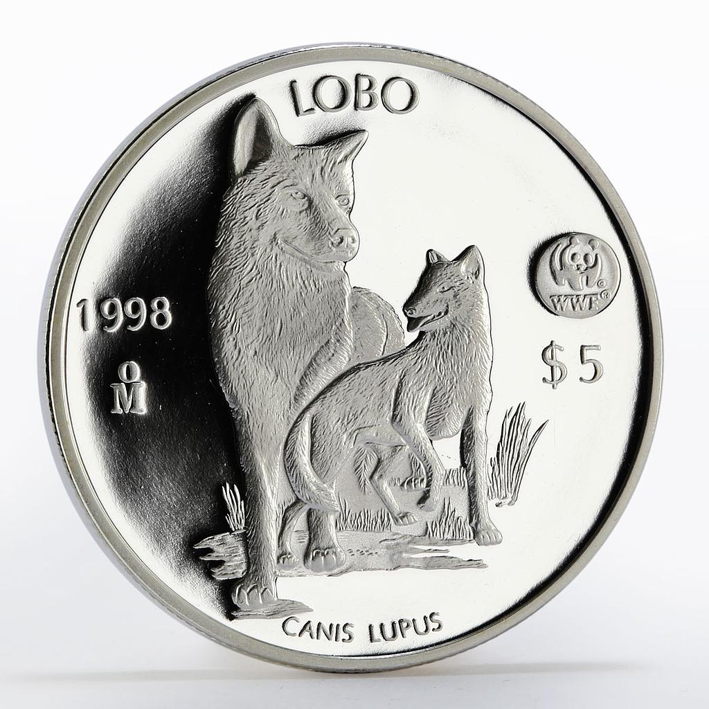 Mexico 5 pesos World Wildlife Fund Wolf Lobo proof silver coin 1998