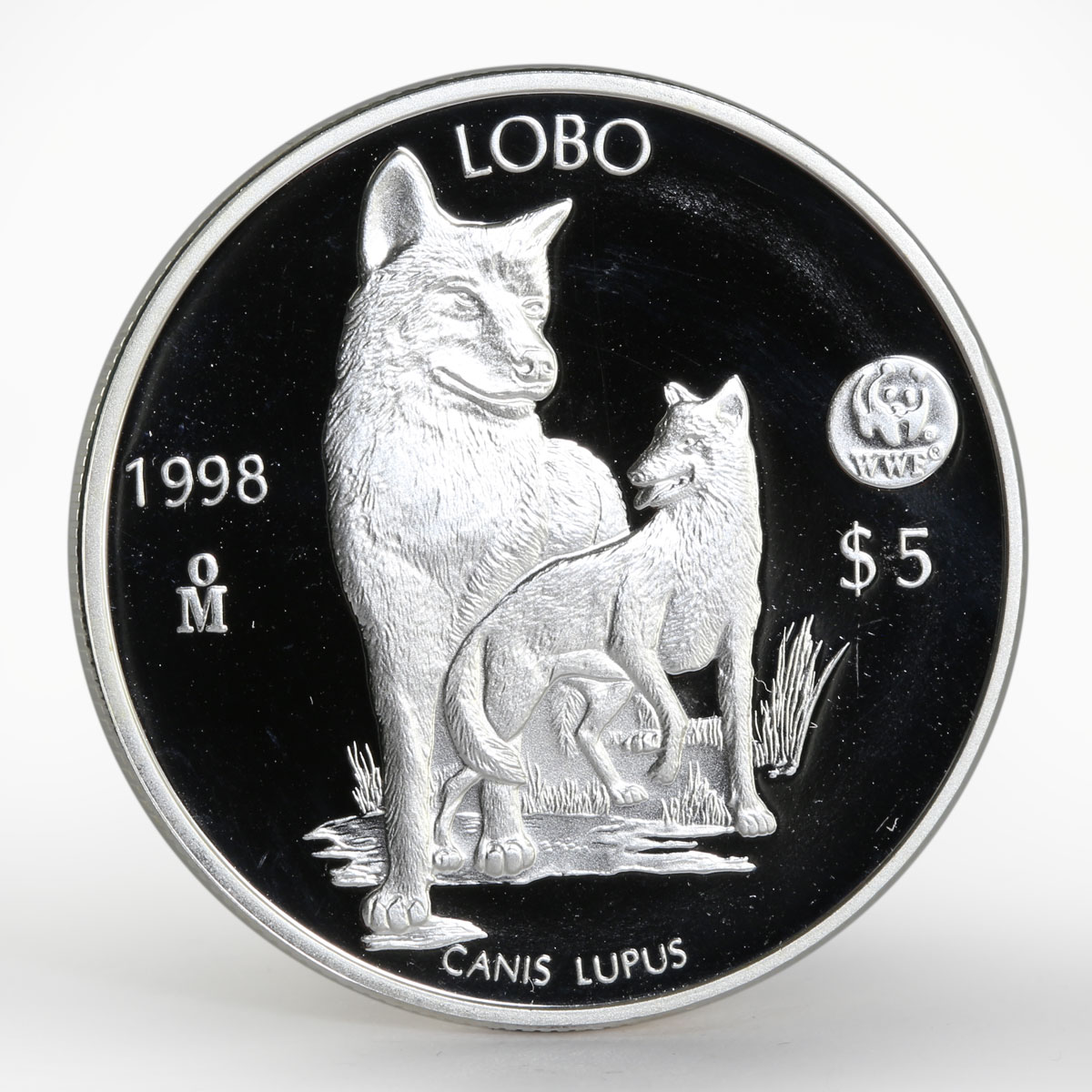 Mexico 5 pesos World Wildlife Fund Wolf Lobo silver proof coin 1998