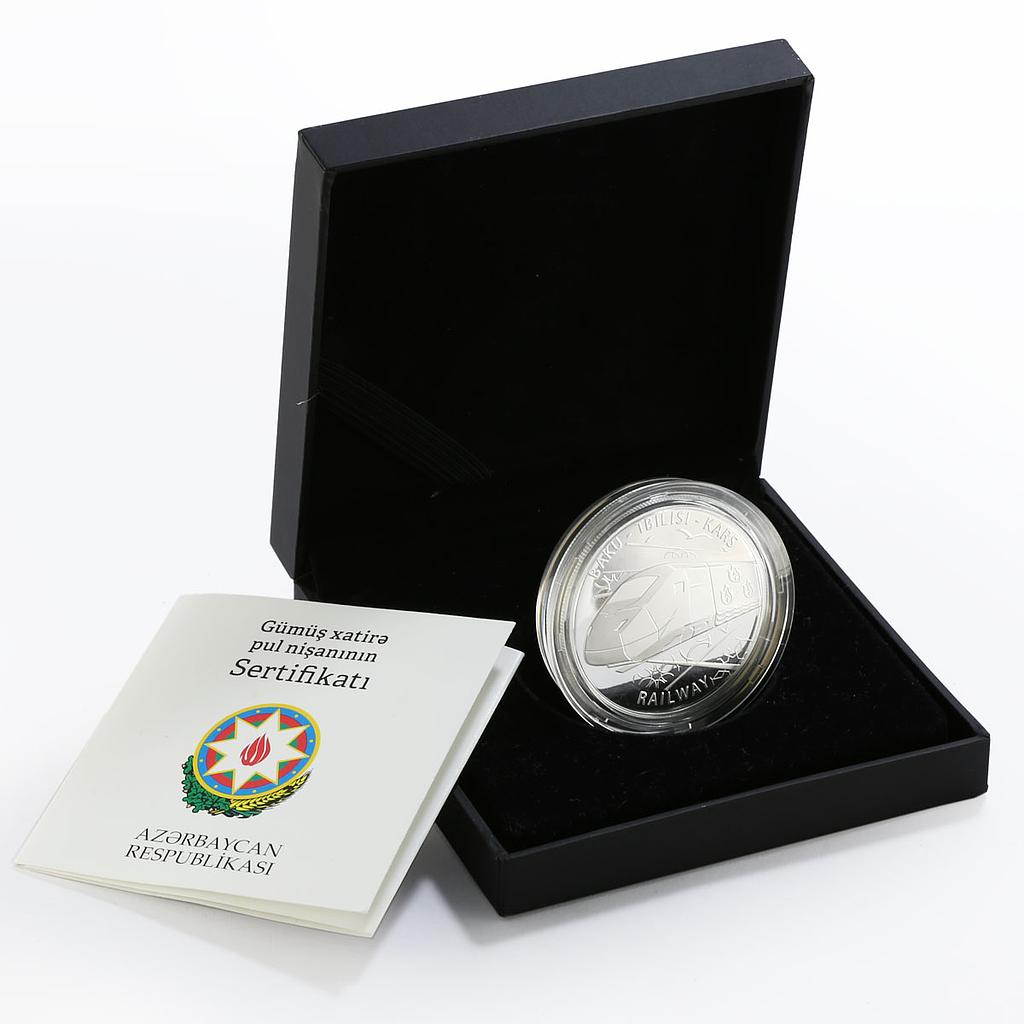 Azerbaijan 5 manat Baku - Tbilisi - Kars Railway Railroad Train silver coin 2015