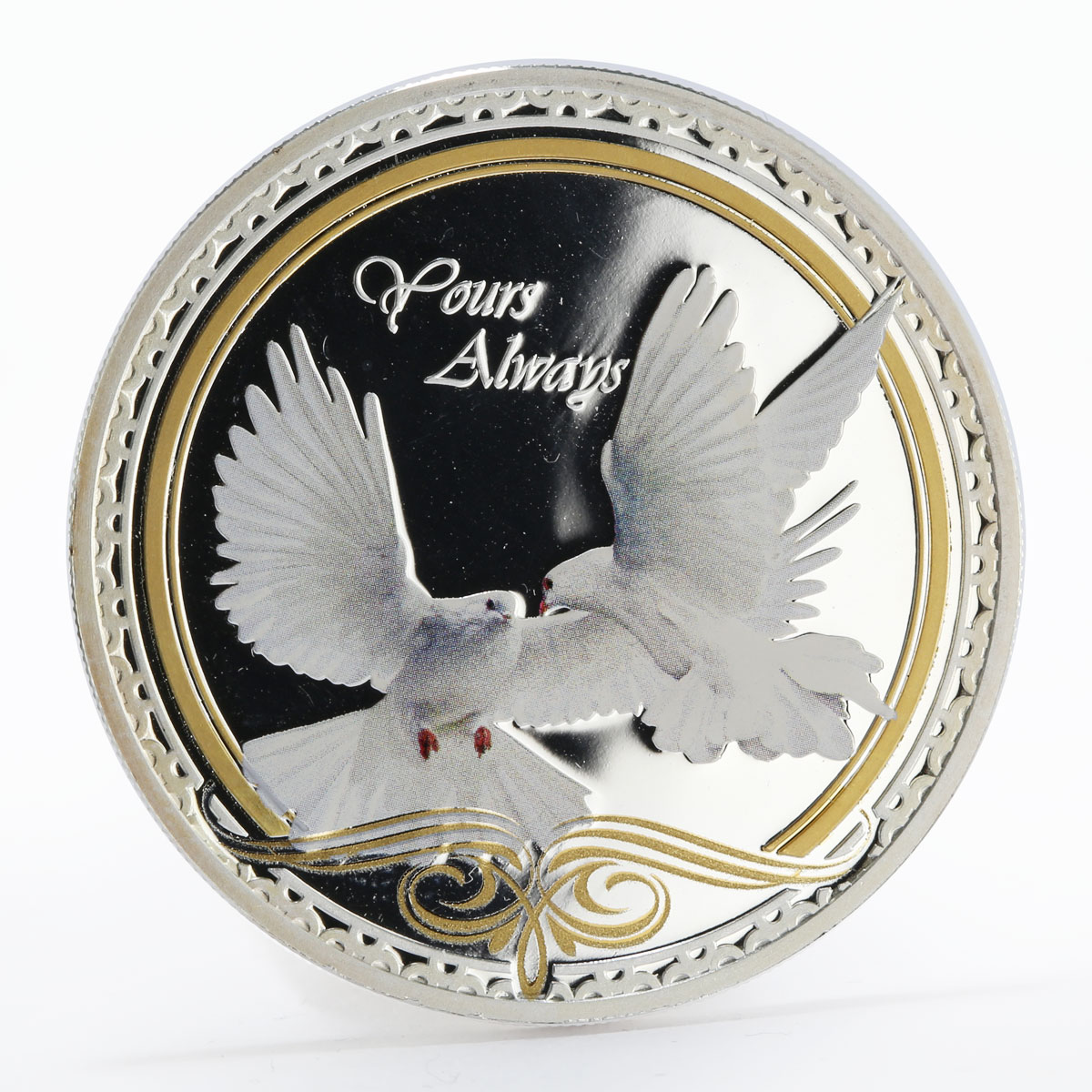 Tokelau 5 dollars Dove Pigeon Yours Always colored gilded proof silver coin 2014