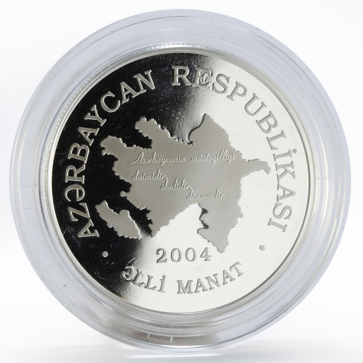 Azerbaijan 50 manat Heydar Aliyev President Map silver proof coin 2004