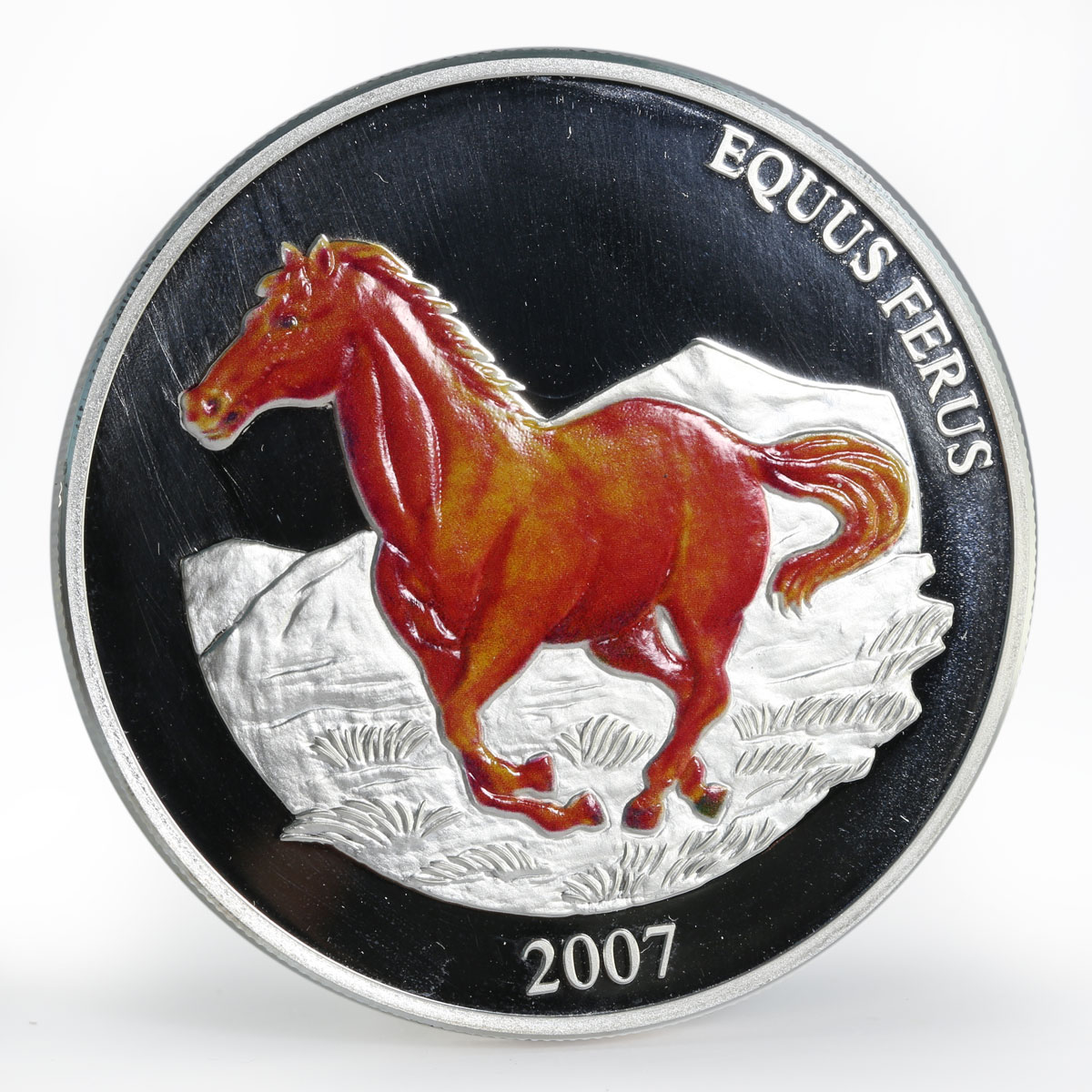 Mongolia 5000 togrog Equus Ferus Wild horse colored proof silver coin 2007