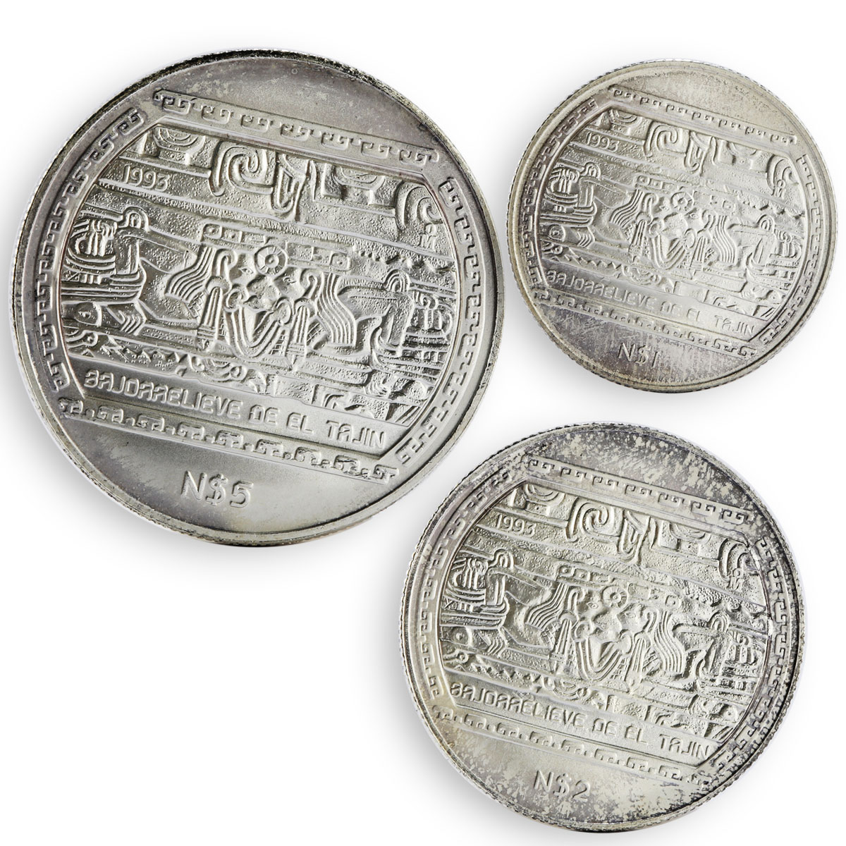 Mexico set of 3 coins Monedas Precolumbinas Bajorrelieve Del Tajin silver 1993