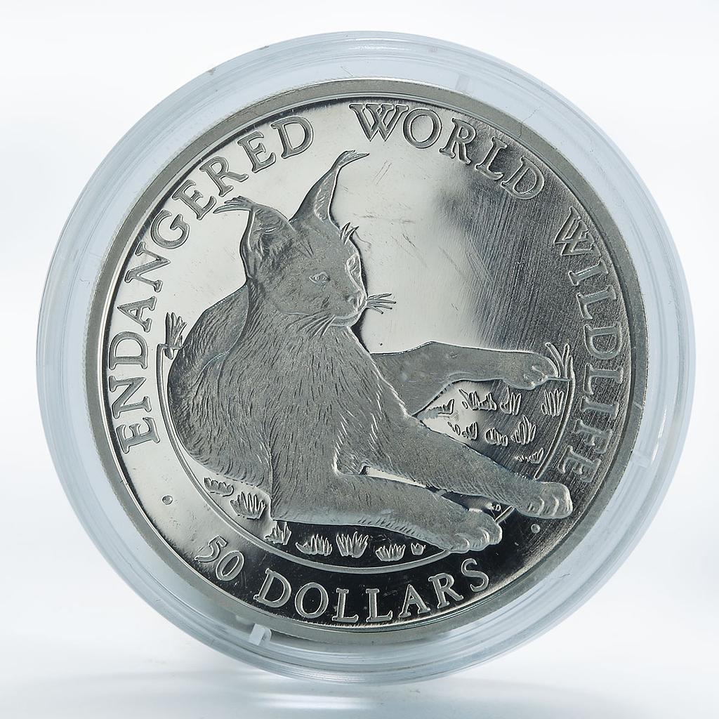 Cook Island 50 Dollars Endangered World Wildlife European Lynx silver coin 1990