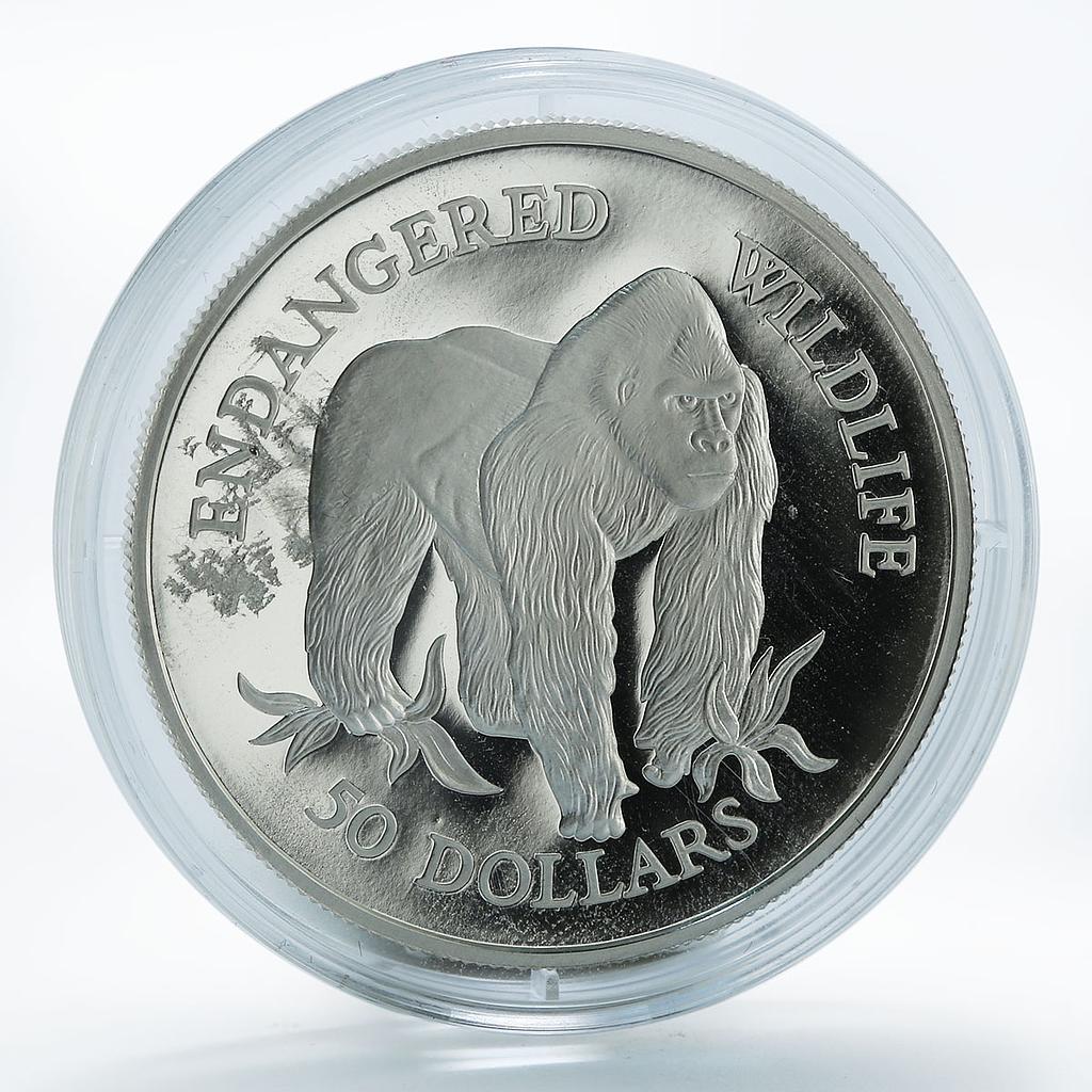 Cook Island 50 Dollars Endangered World Wildlife Gorilla proof silver coin 1992