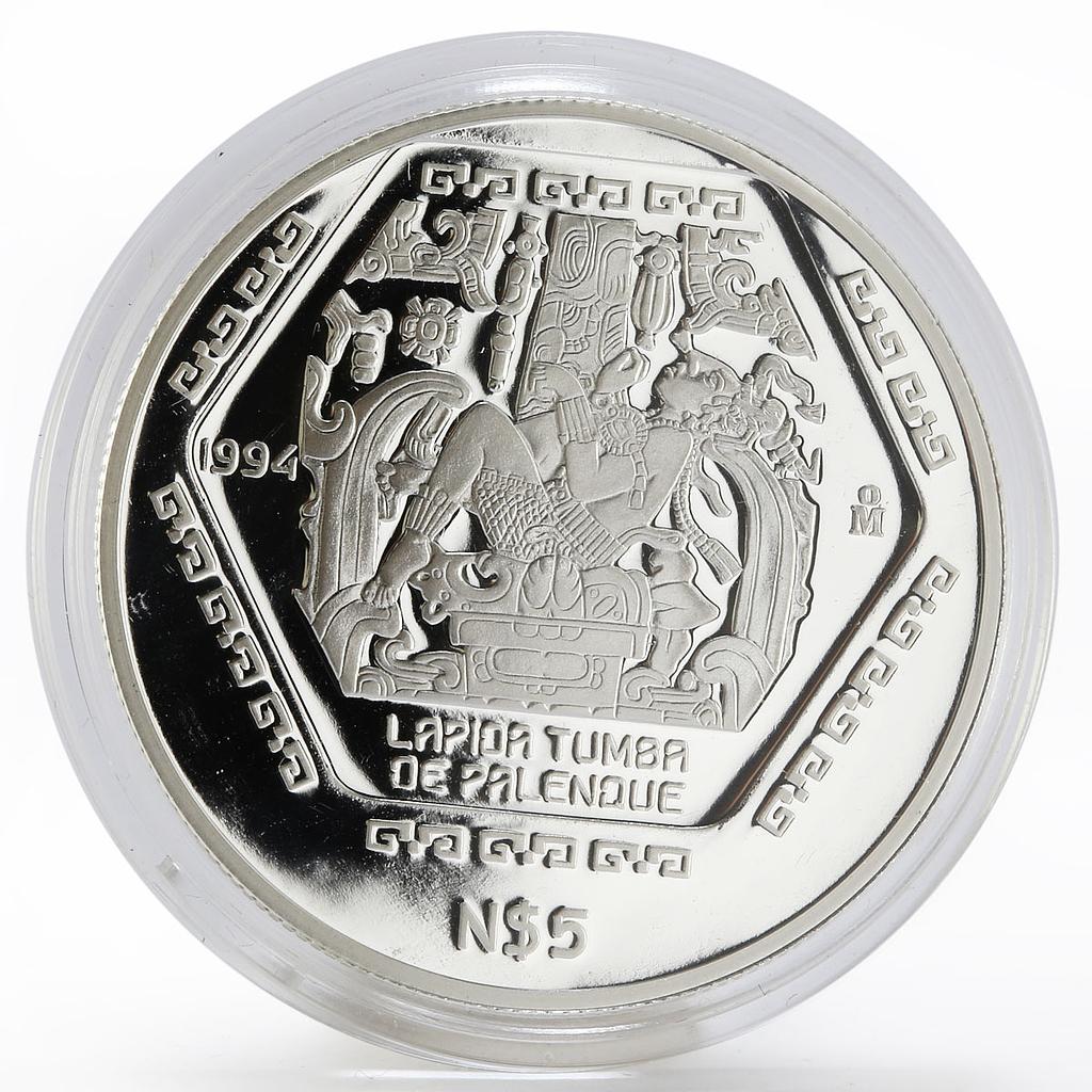 Mexico 5 pesos Precolombina series Lapida Tumba de Palenque silver coin 1994