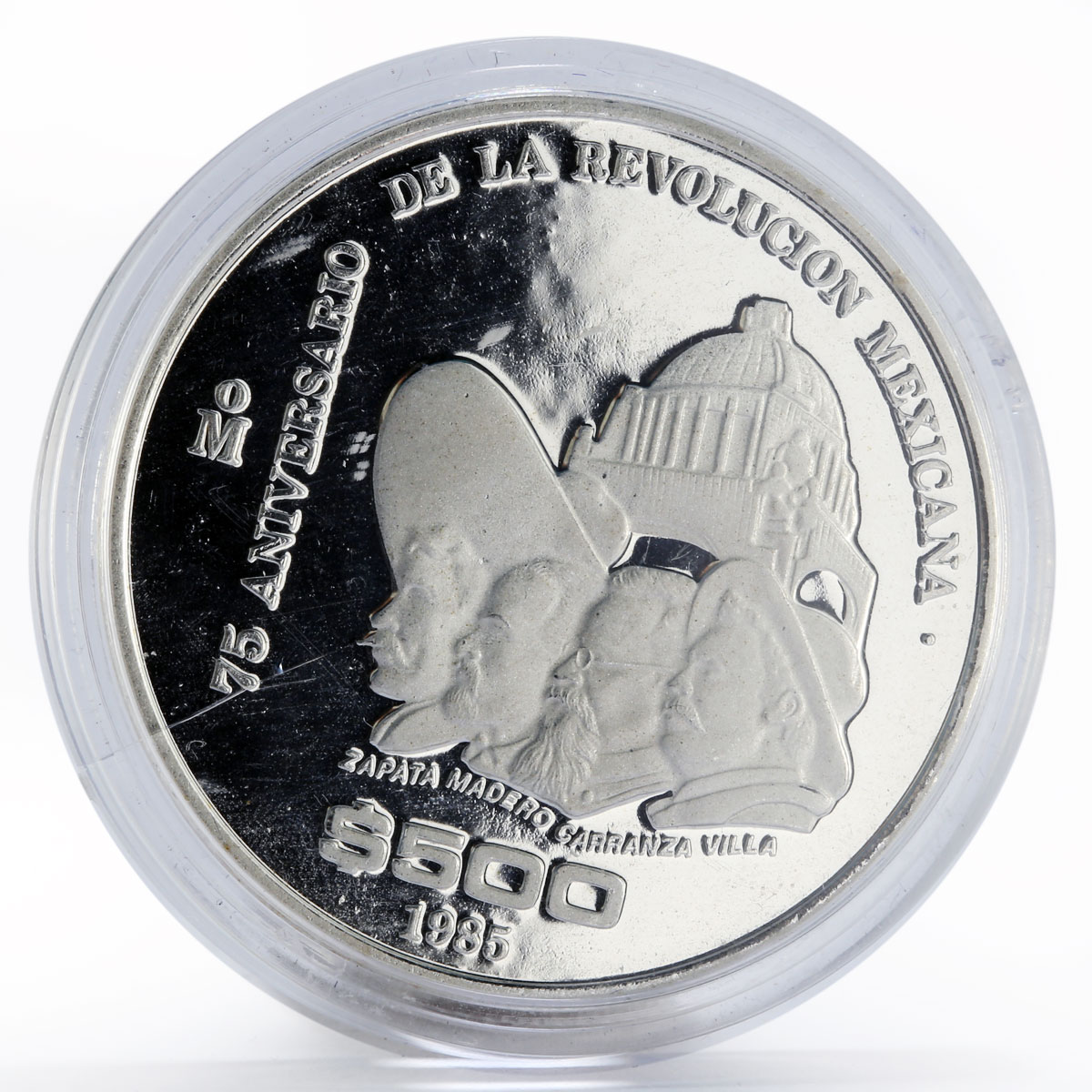 Mexico 500 pesos 75th Anniversary of 1910 Revolution proof silver coin 1985