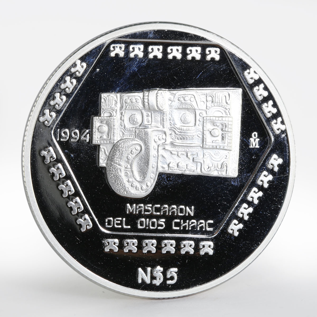 Mexico 5 pesos Mascaron Del Dios Chaac wall proof silver coin 1994