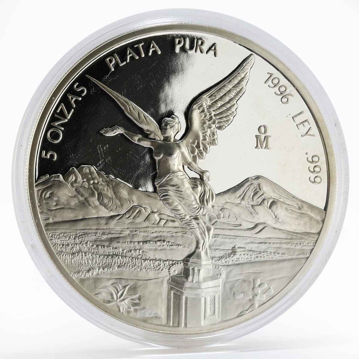 Mexico 5 onzas Winged Victory Statue Volcanoes proof silver coin 1996