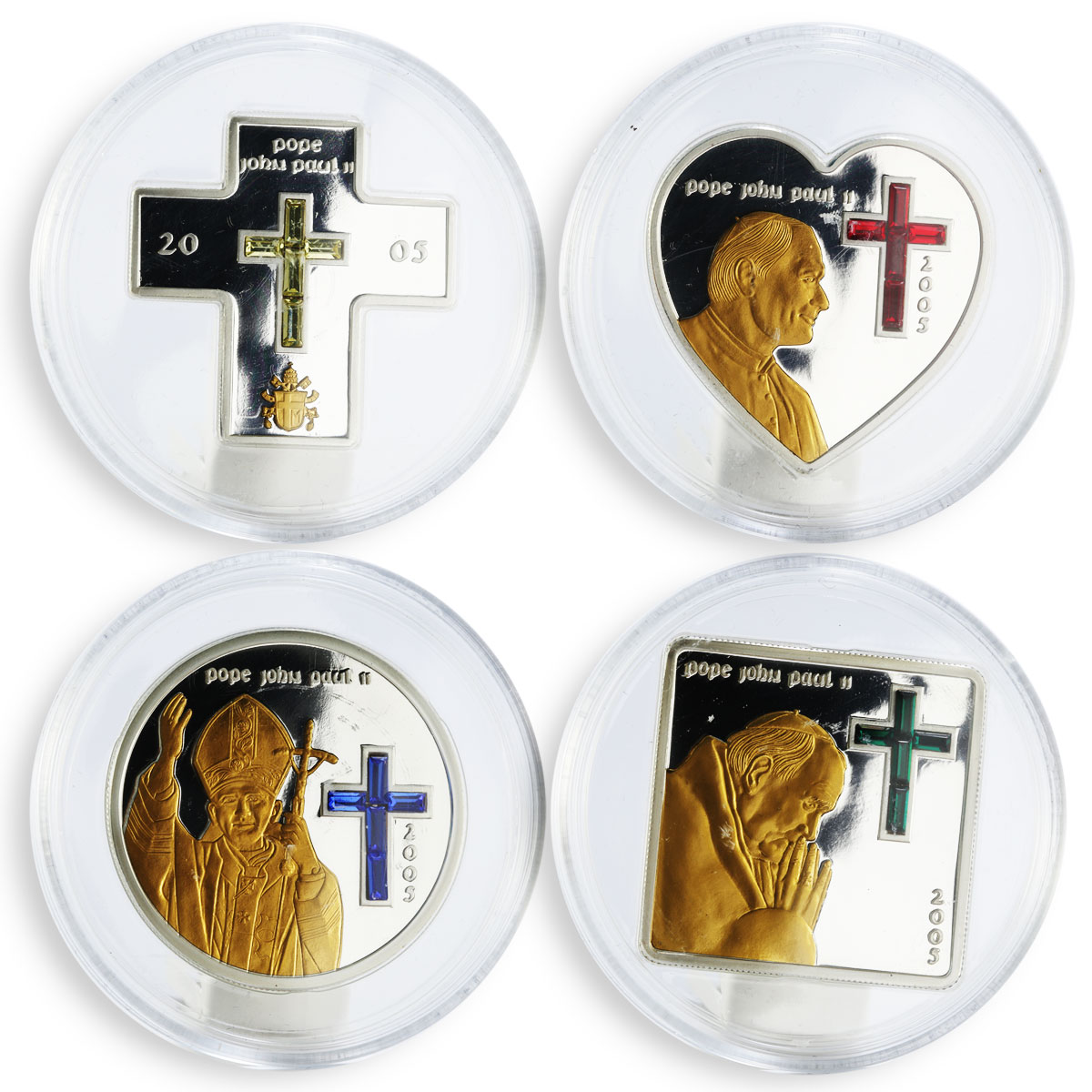 Mariana Islands set of 4 coins Pope John Paul II swarovski proof gilded 2005