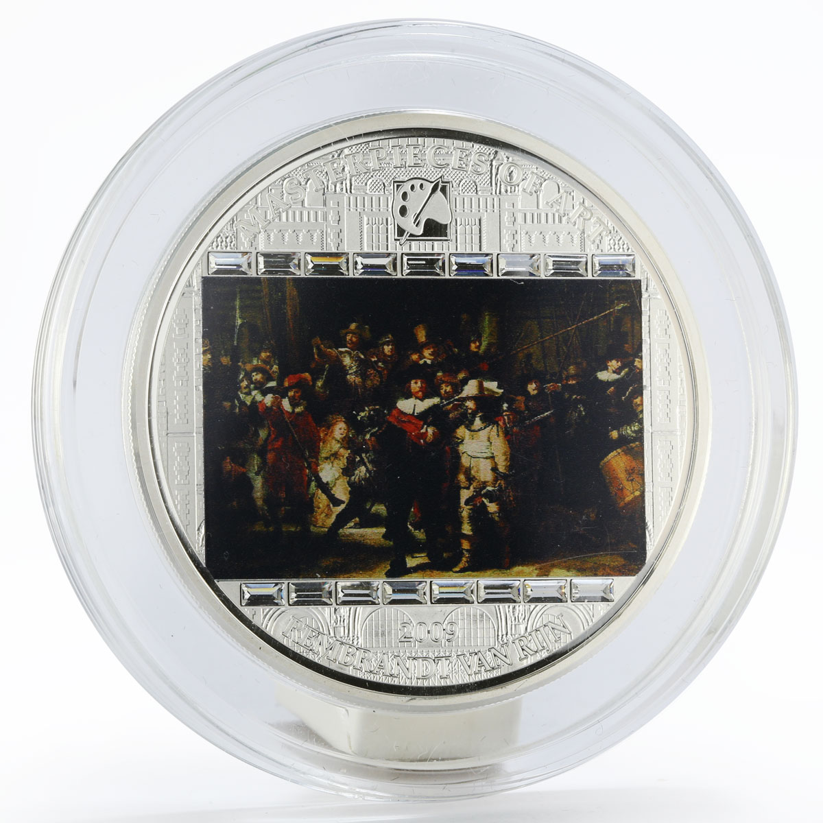 Cook Islands 20 dollars Rembrandt Art Nightwatch swarowski colored silver 2009