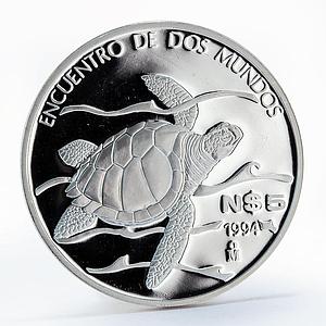 Mexico 5 pesos Pacific Ridley Sea Turtle proof silver coin 1994