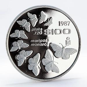 Mexico 100 pesos Monarch butterflies Fauna proof silver coin 1987