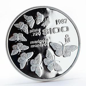 Mexico 100 pesos Monarch butterflies Fauna proof silver coin 1987