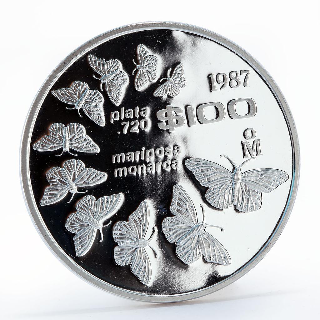 Mexico 100 pesos Monarch butterflies Fauna proof silver coin 1987