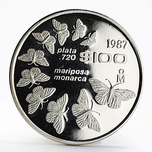 Mexico 100 pesos Monarch butterflies Fauna proof silver coin 1987